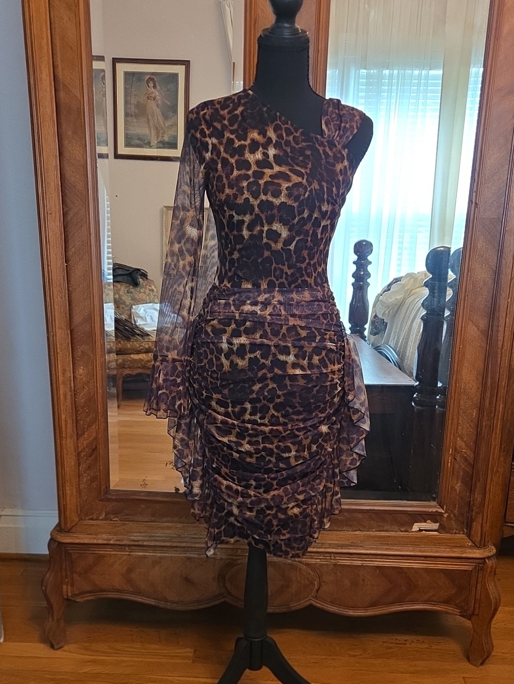 Leopard Print One-Shoulder Ruffle Dress - Brown/Black